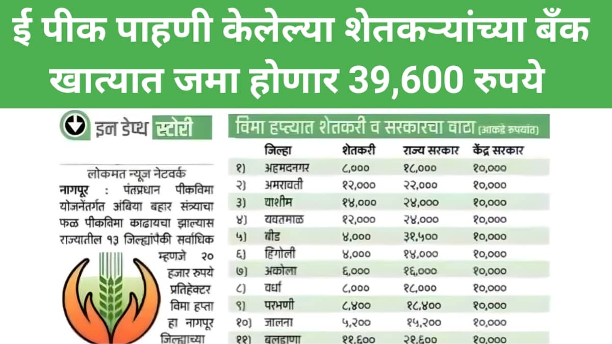 ई पीक पाहणी केलेल्या शेतकऱ्यांच्या बँक खात्यात जमा होणार 39600 रुपये E-Peek Pahani list